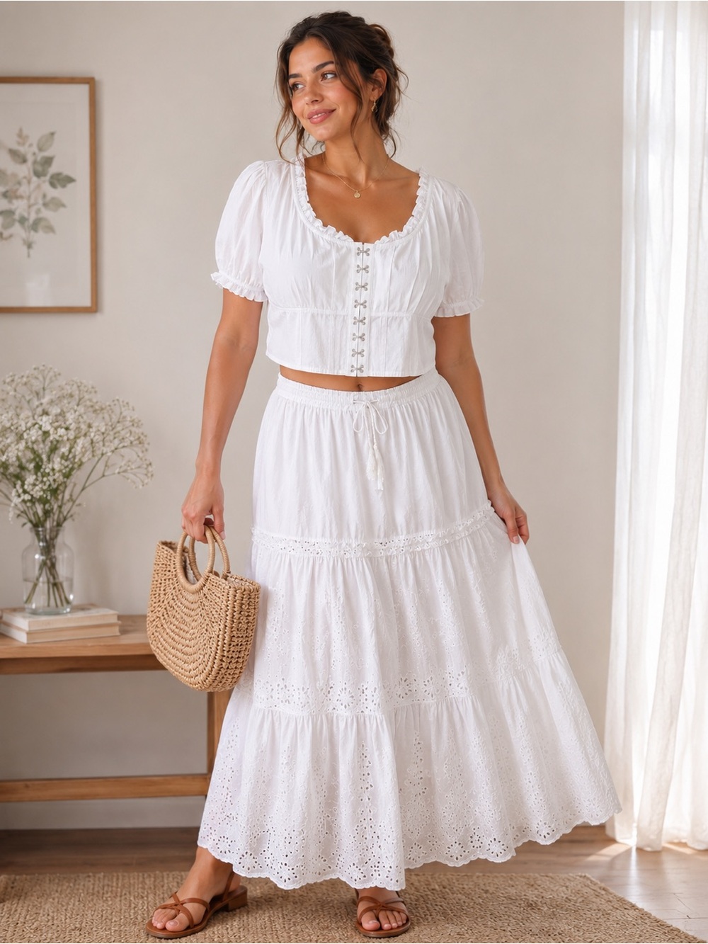 SIM & SAM White Cottagecore Puff Sleeve Crop Top XL